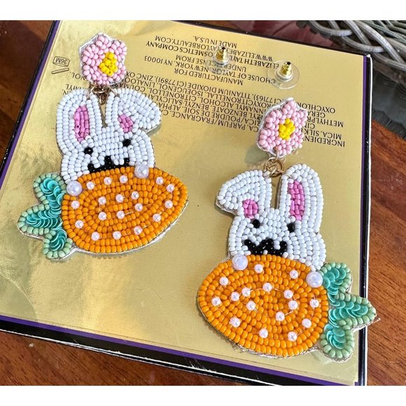 New Easter Bunny Earrings Handmade Beaded Rabbit Carrot Dangle Posts Em… - Picture 2 of 12